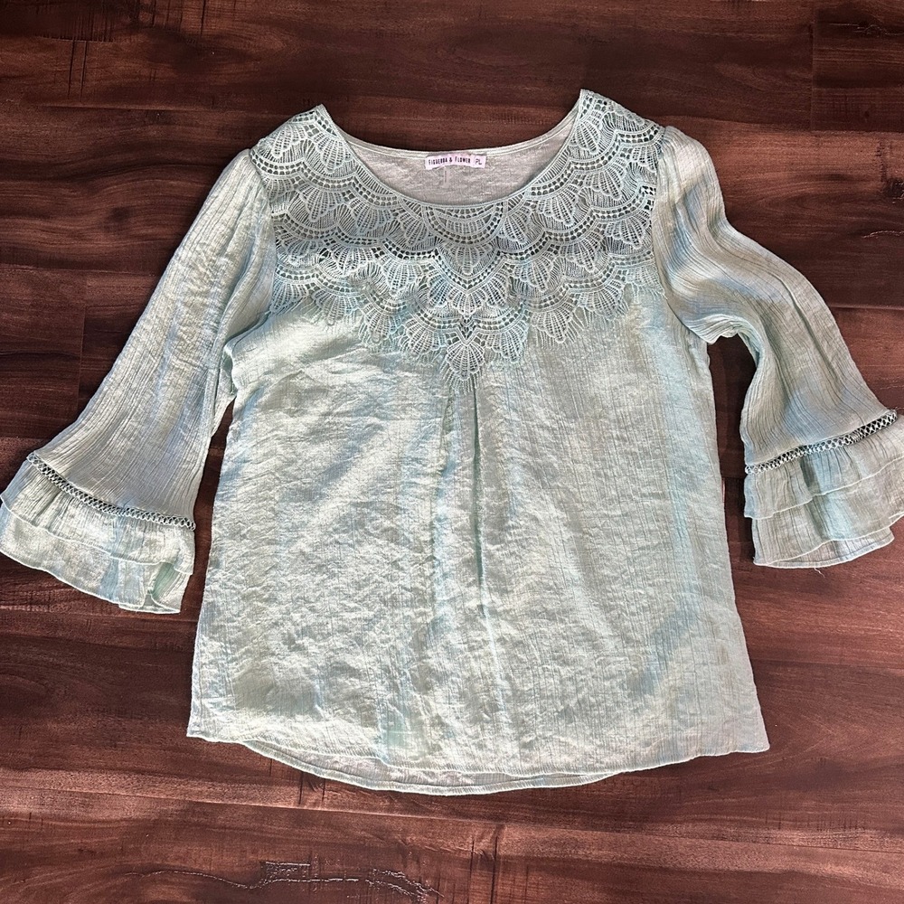 Figueroa & Flower Mint Green Crochet Lace Yoke Ruffle Sleeve Blouse Petite Large